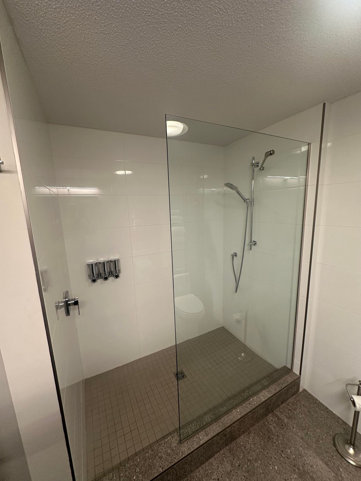 Un baño moderno con ducha de vidrio, inodoro y lavamanos.