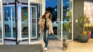 Une femme promène un chien devant un immeuble dont les portes sont en verre, et une voiture est garée à l'extérieur.