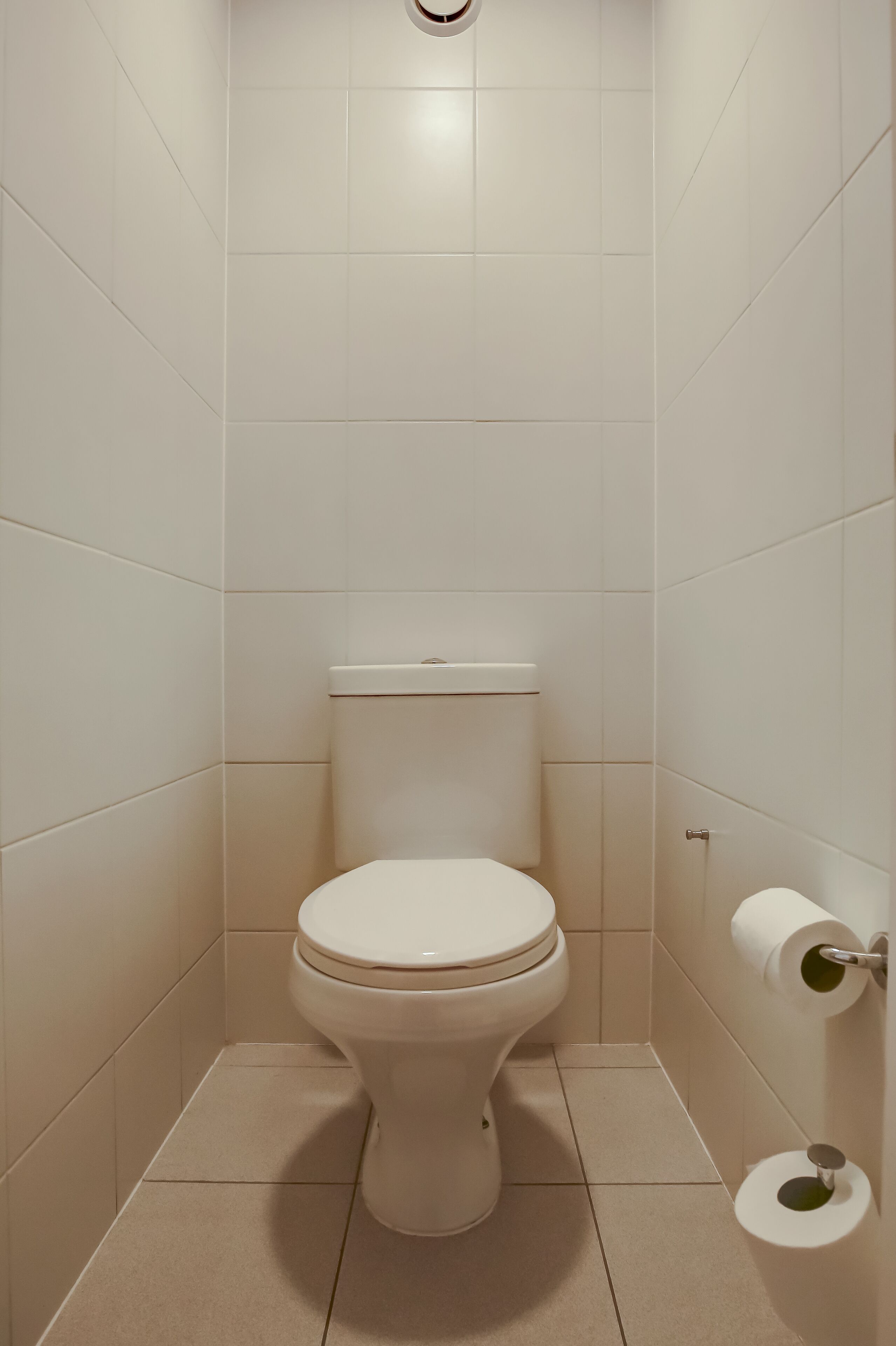 A small, white-tiled bathroom with a toilet, a toilet paper holder, and a flush handle.