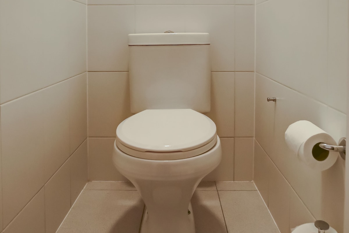 A small, white-tiled bathroom with a toilet, a toilet paper holder, and a flush handle.
