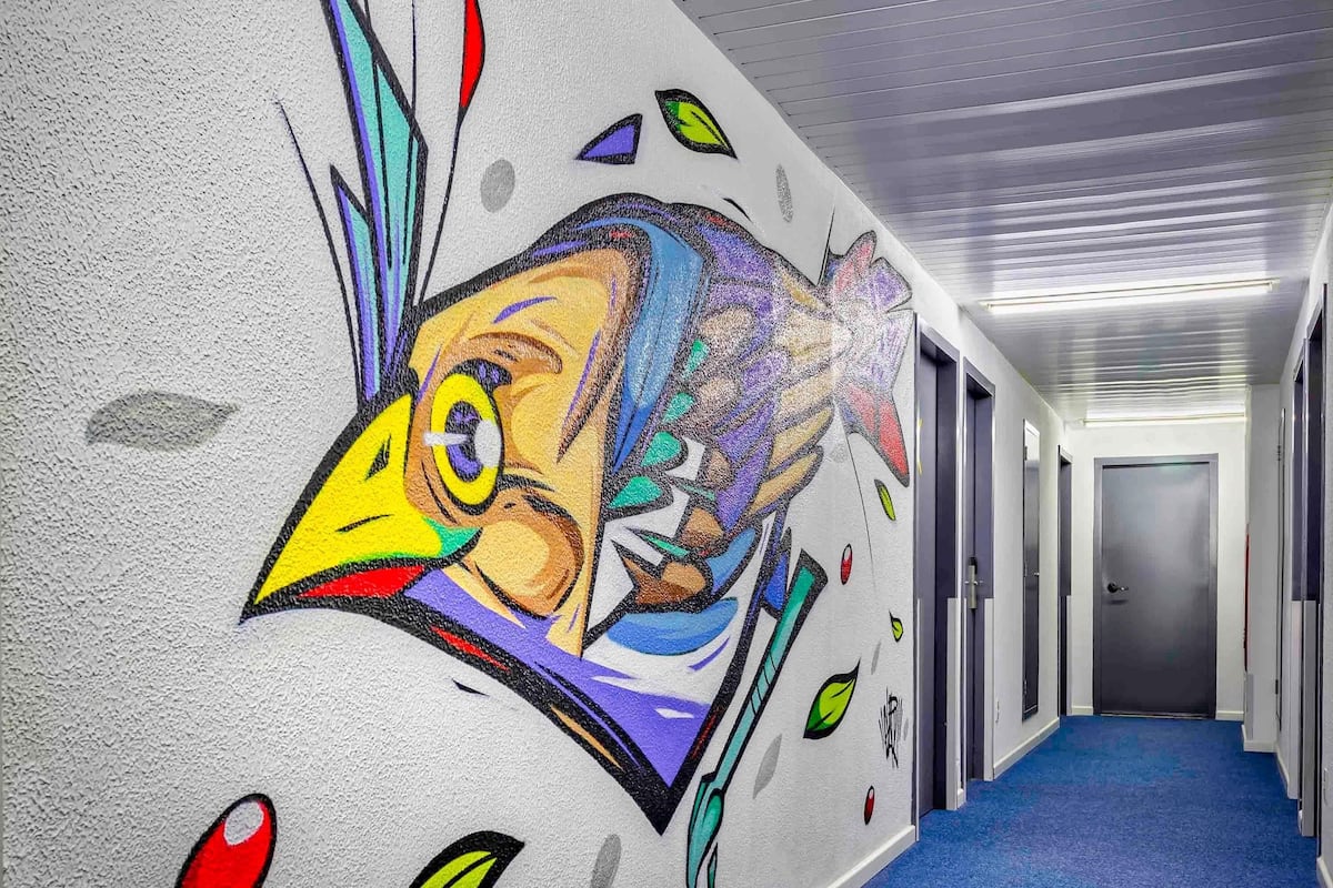 Individually decorated, desk, laptop workspace, blackout drapes