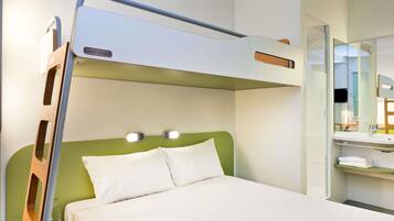 Minibar, desk, laptop workspace, blackout curtains