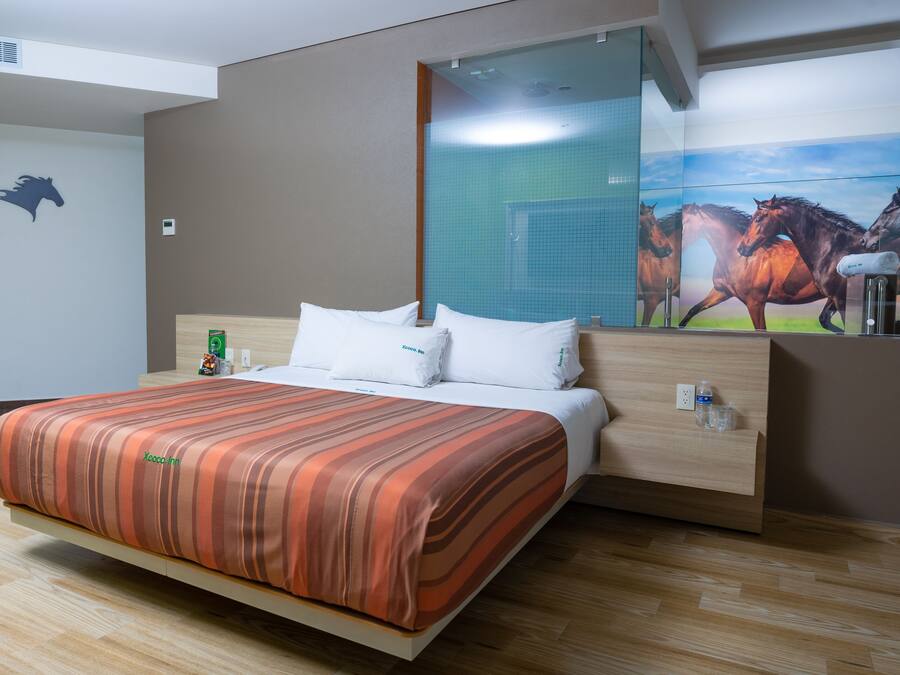 A hotel room with a bed, a nightstand, a mirror, and a wall with a horse mural.