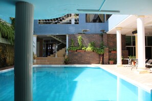 Outdoor pool, pool loungers