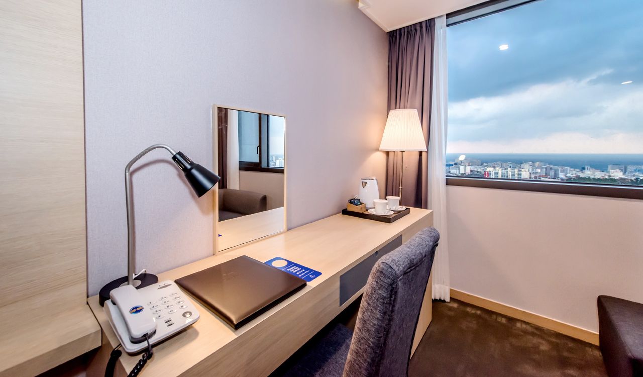 desk, blackout curtains, free wifi