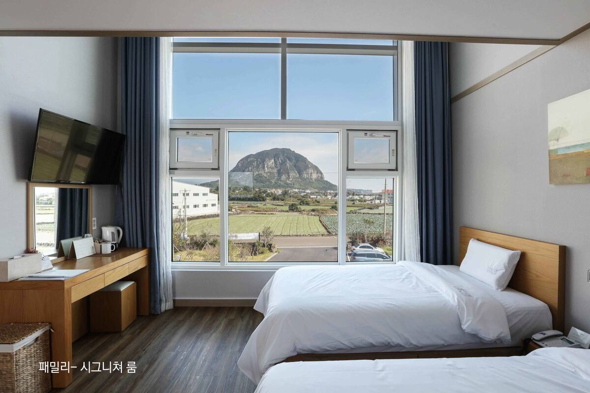 A hotel room with a large window, a bed, a desk with a TV, and a view of a mountain.