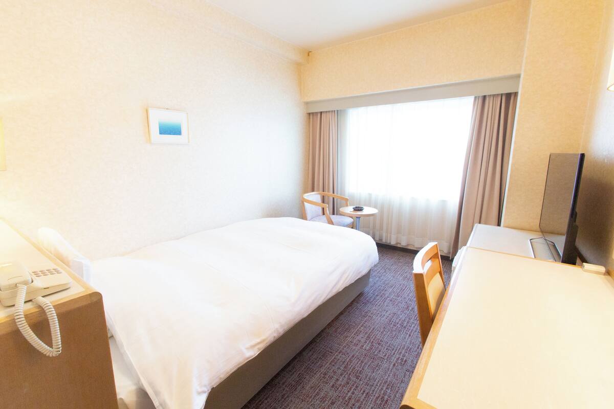 A hotel room with a single bed, a desk, a chair, a TV, a phone, and a window with curtains.
