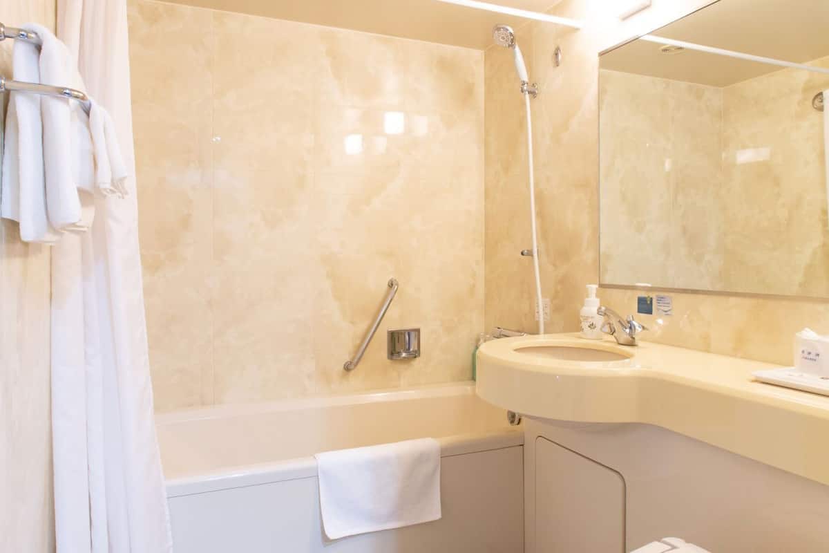 combined shower/bathtub, free toiletries, hair dryer, bathrobes