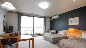 A hotel room with two beds, a desk, a chair, a TV, and a balcony with a view. - AMANOHASHIDATESOU (Miyazu)