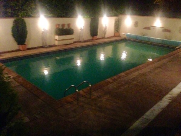A swimming pool with a tiled deck, surrounded by a low wall with potted plants and wall-mounted lights.