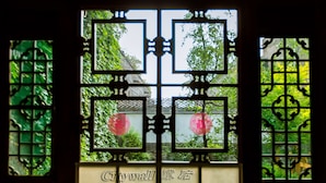 A window with a decorative metal grille and a view of greenery outside.