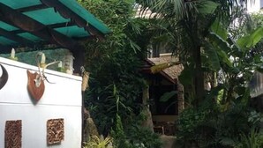 A rustic outdoor area with a white structure featuring decorative panels, surrounded by lush greenery and a stone pathway.