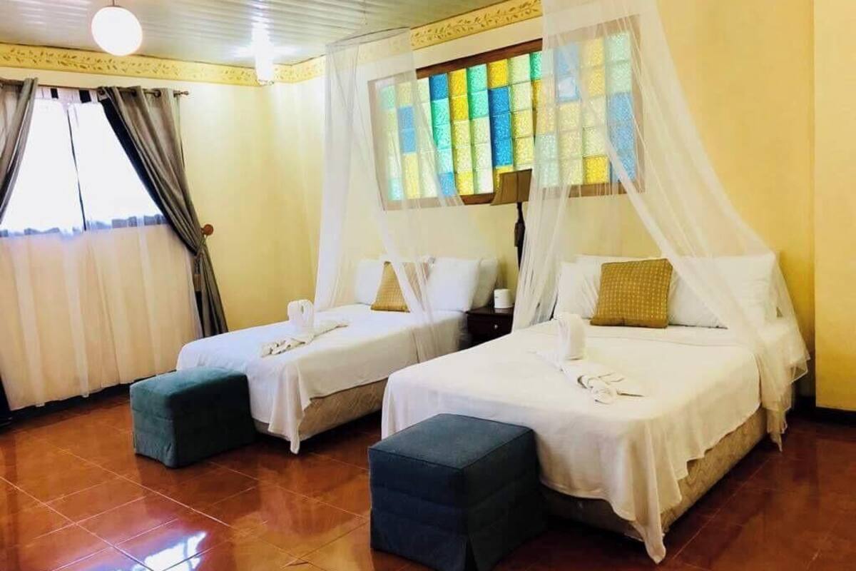A room with two beds, a window with curtains, a mosquito net, and a tiled floor.
