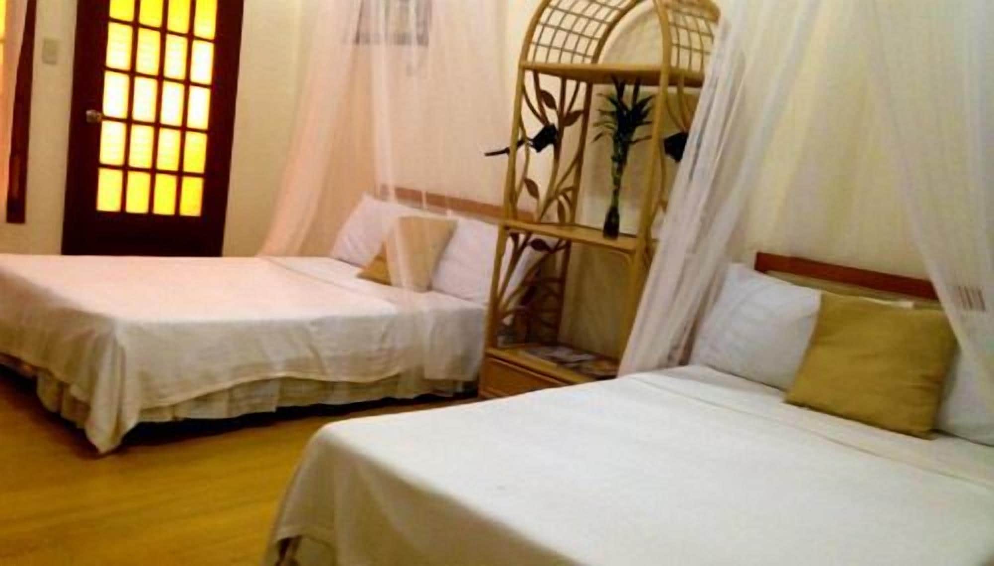 Una habitación con dos camas individuales, cada una con dosel y mesita de noche.