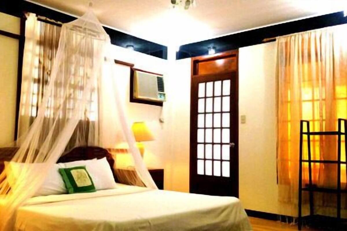 A bed with a canopy, a nightstand, a wall-mounted air conditioning unit, and a door with a grid pattern.