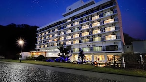 Un hotel de varios pisos con balcones, unidades de aire acondicionado y un árbol de Navidad con luces.
