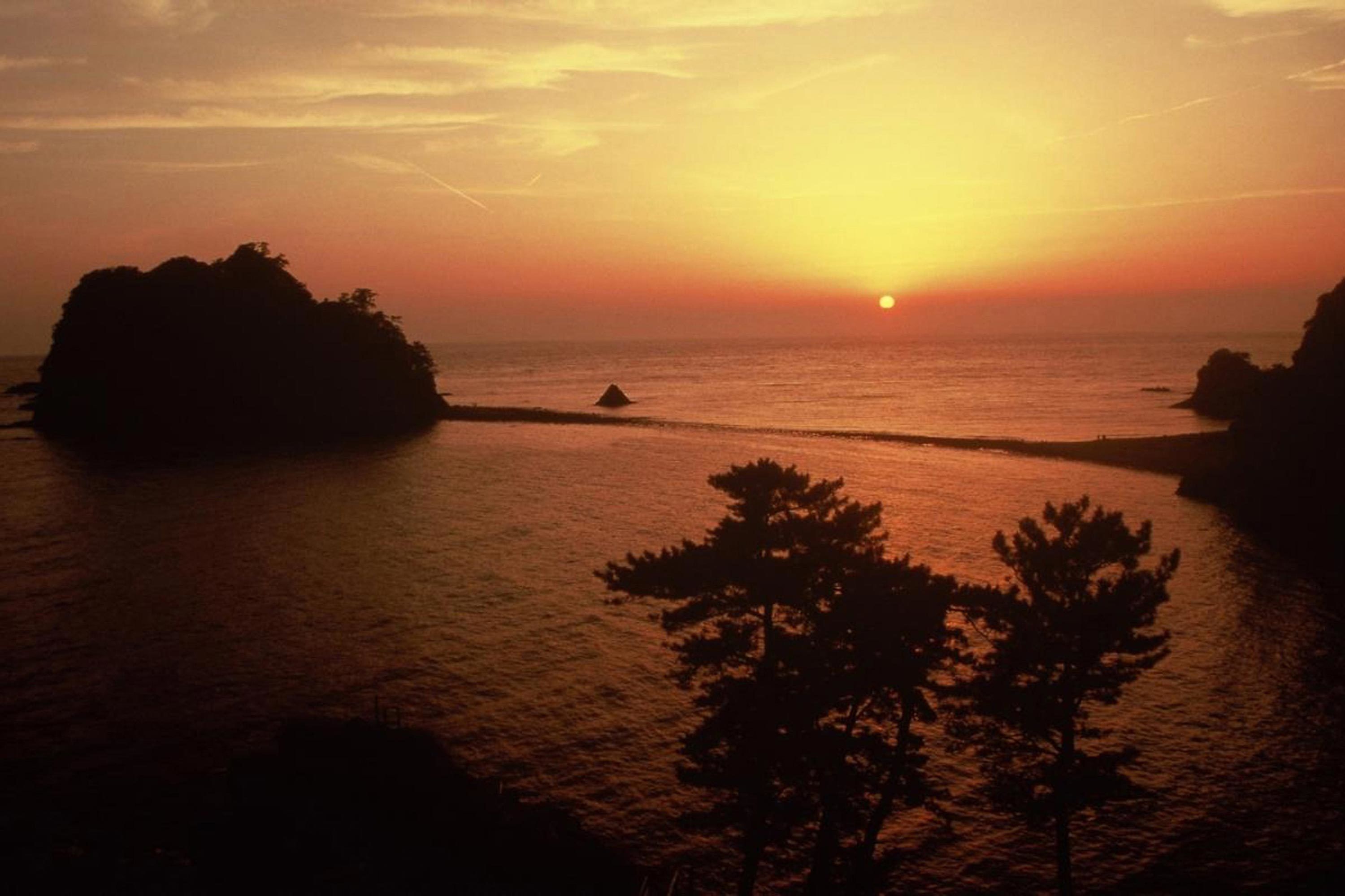 Un coucher de soleil sur une mer calme, avec une petite île et un arbre au premier plan.