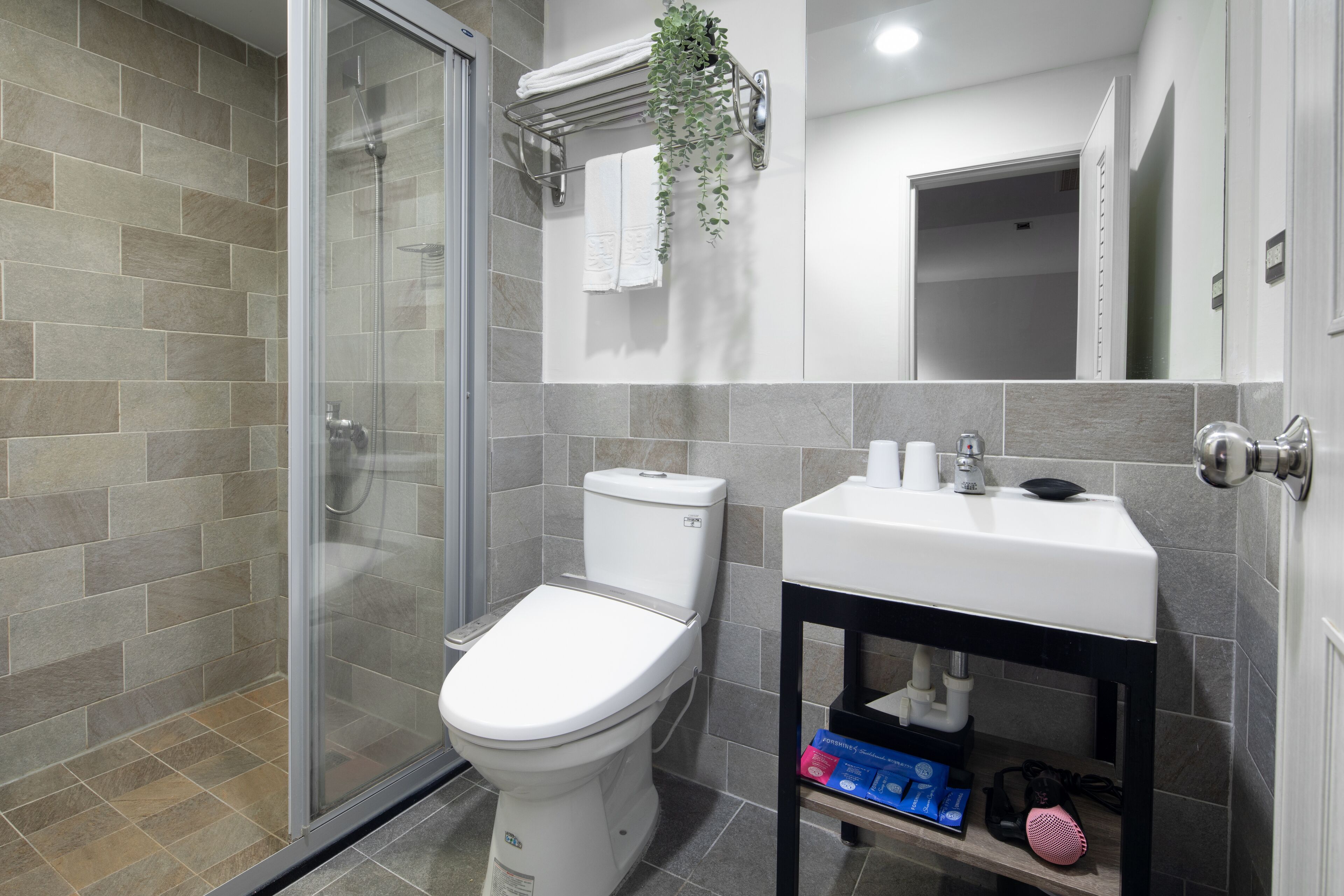 deluxe double room | bathroom | shower, free toiletries, hair dryer, slippers