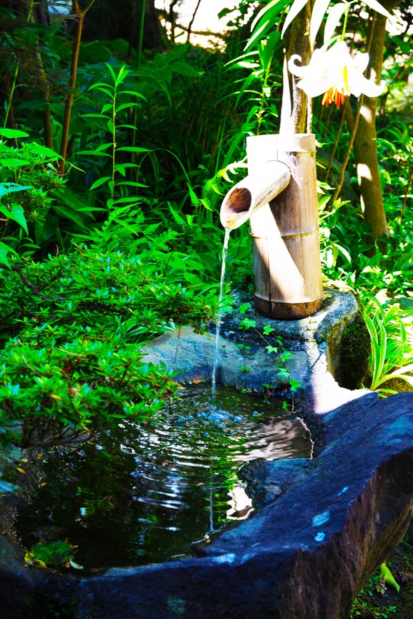 Une fontaine d’eau en bambou dotée d’un bec verseur, entourée d’une végétation luxuriante.