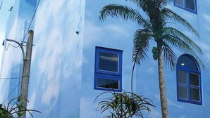 Un grand immeuble à la façade bleue, doté de nombreuses fenêtres et orné d’un palmier à l’avant.