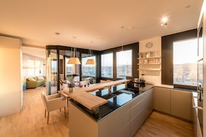 Hills View, Rooftop Apartment | Cozinha privada | Geladeira grande, micro-ondas, fogão, cooktop
