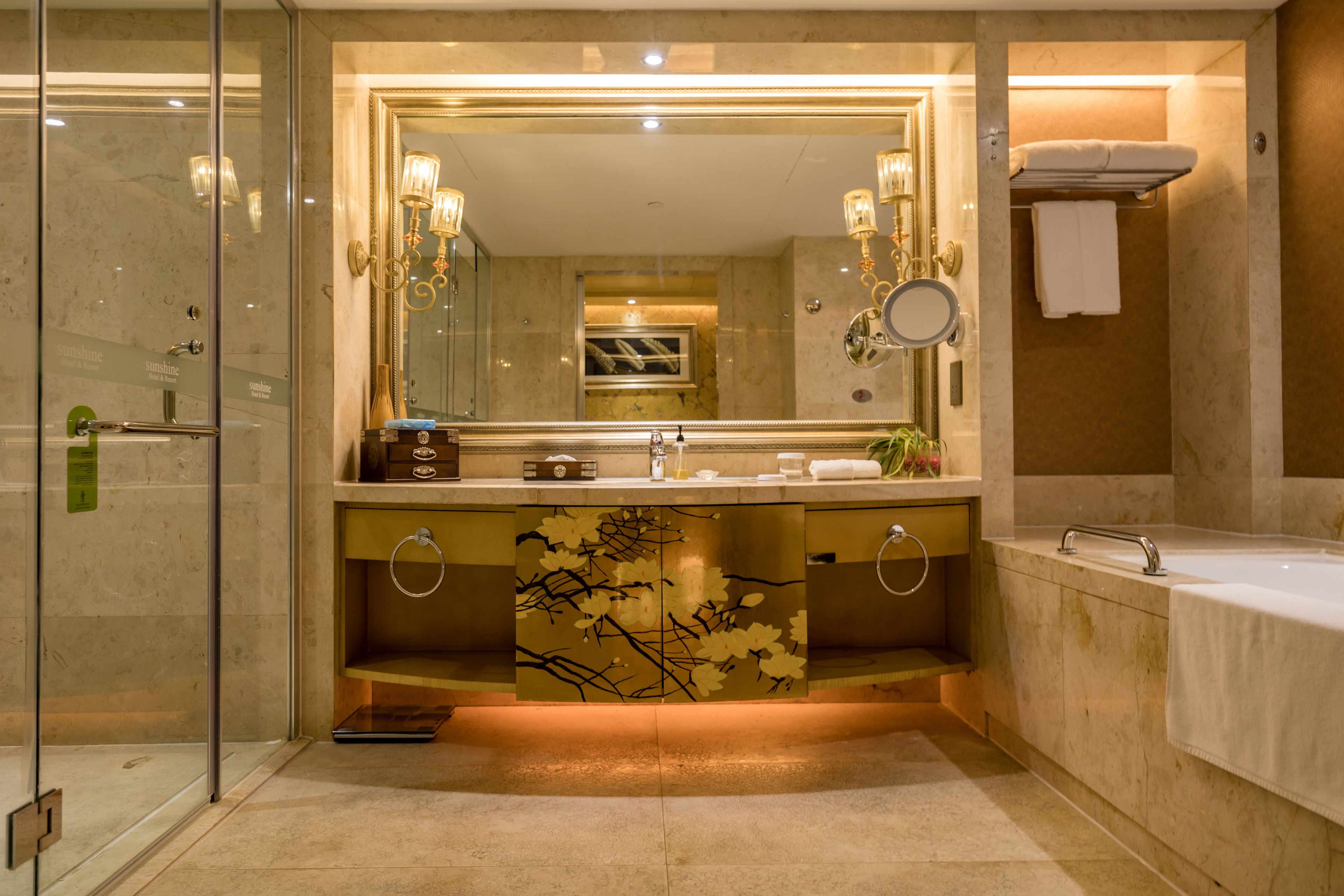 separate bathtub and shower, free toiletries, hair dryer, bathrobes