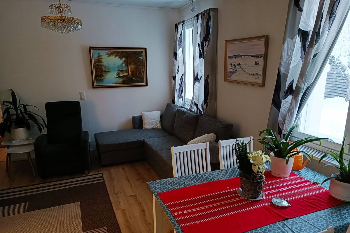 A living room with a sofa, a dining table with chairs, a chandelier, and two paintings on the wall.