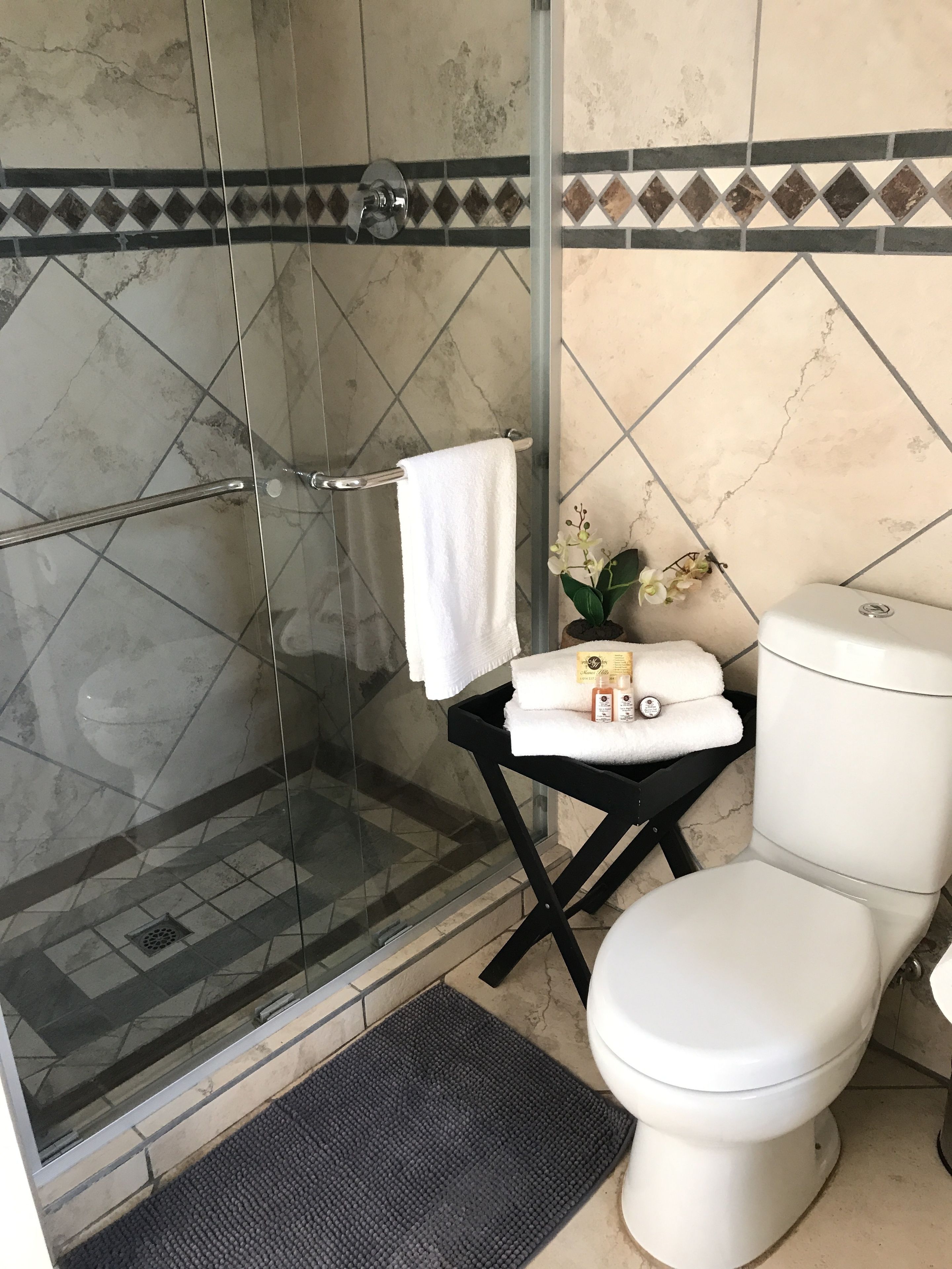 A bathroom with a glass-enclosed shower, a toilet, and a small table with toiletries.