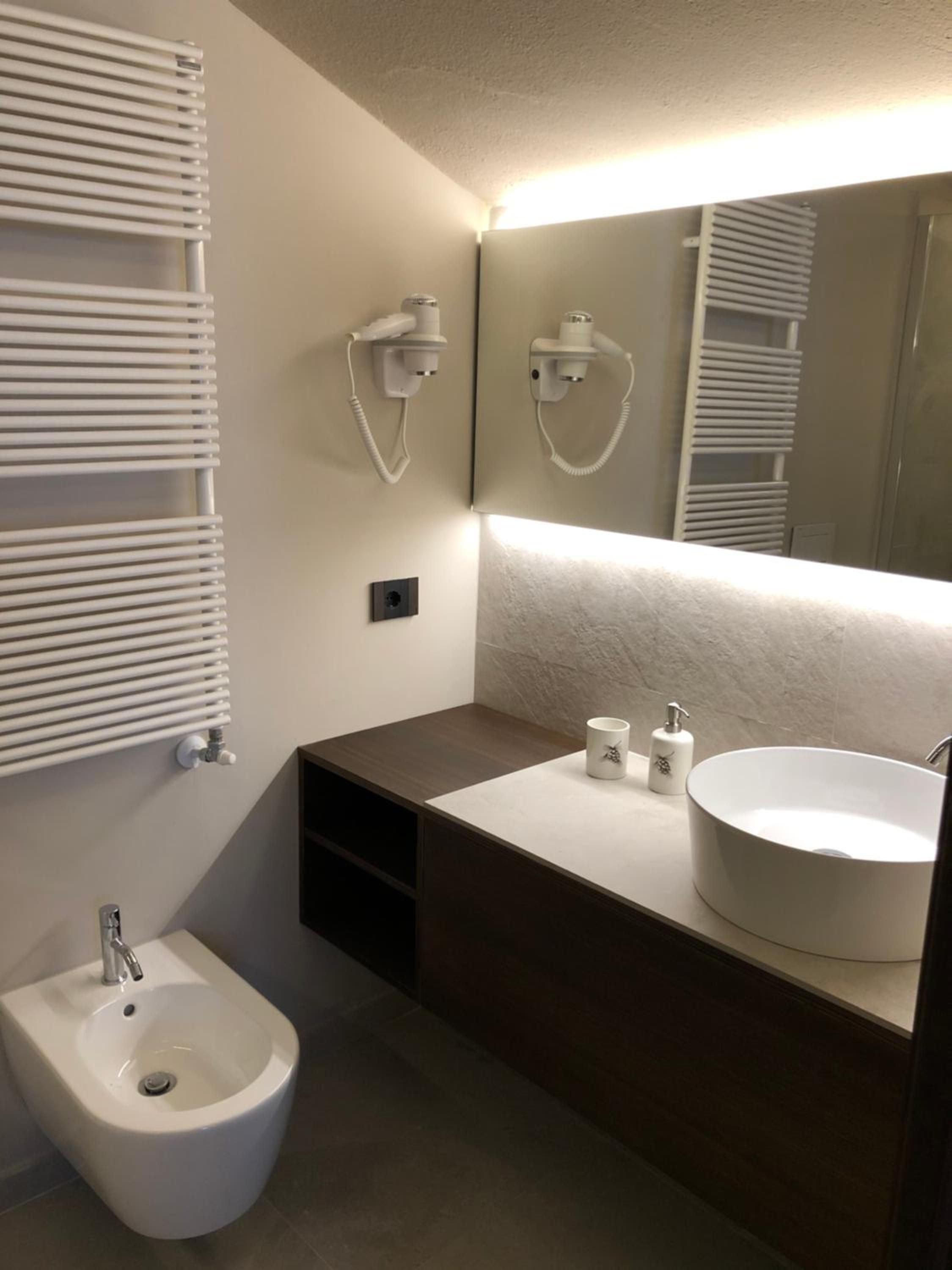 A modern bathroom with a bidet, a large mirror, and a round sink.