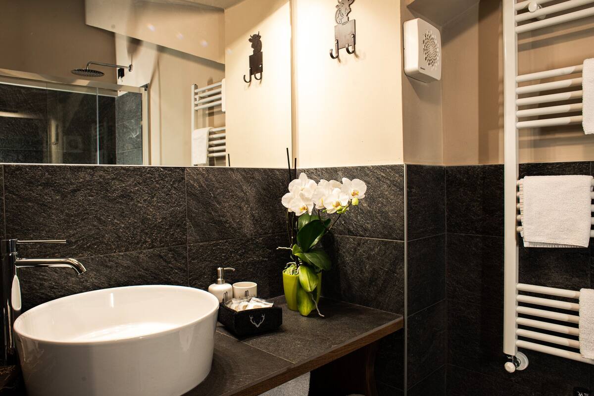 deluxe triple room | bathroom | hair dryer, bidet, towels, soap