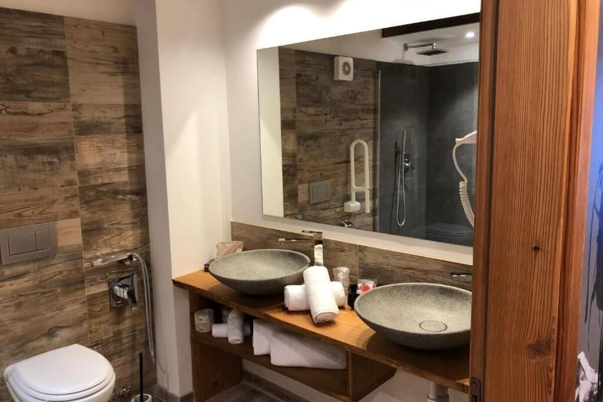 hair dryer, bidet, towels, soap