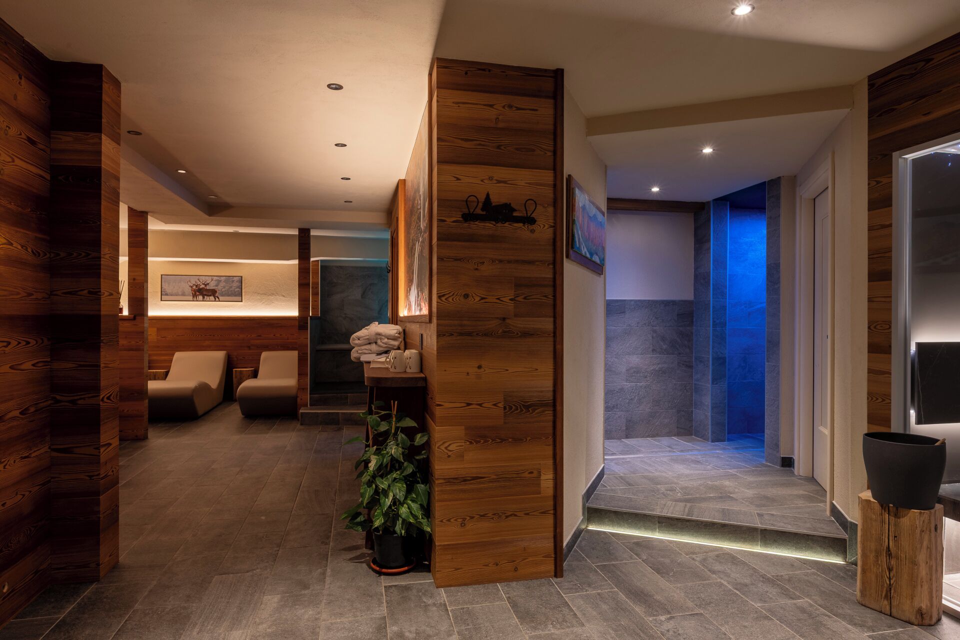 A modern interior with a wooden accent wall, a seating area with a sofa and chairs, a small table with a plant, and a blue-lit wall.