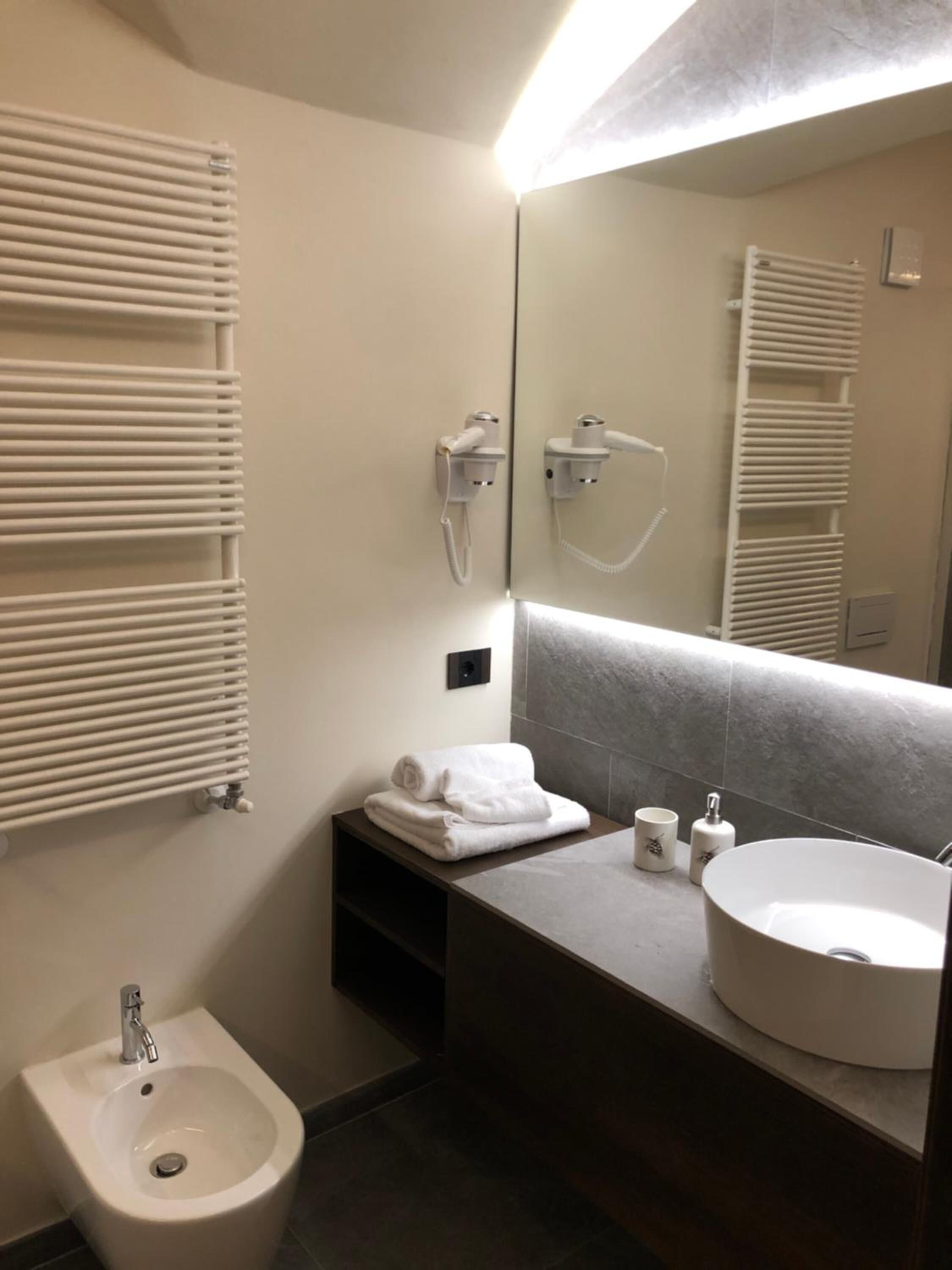 hair dryer, bidet, towels, soap