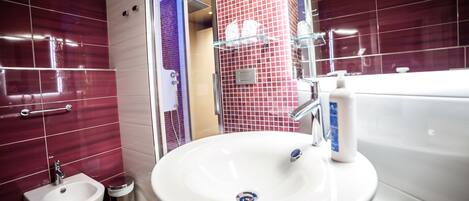 A modern bathroom with a large sink, bidet, and a mirror.