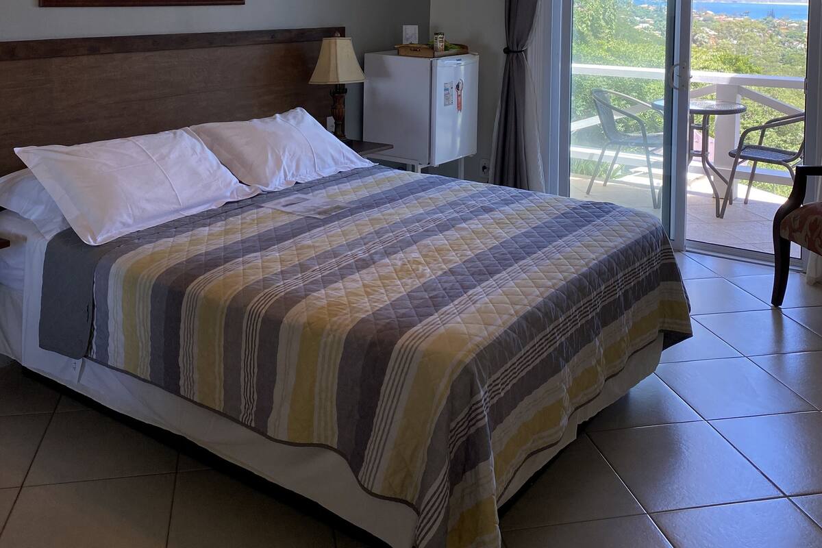 Une chambre d’hôtel avec un lit, un ventilateur de plafond, un tableau au mur, un petit réfrigérateur et une vue sur l’extérieur grâce à une porte-fenêtre coulissante.