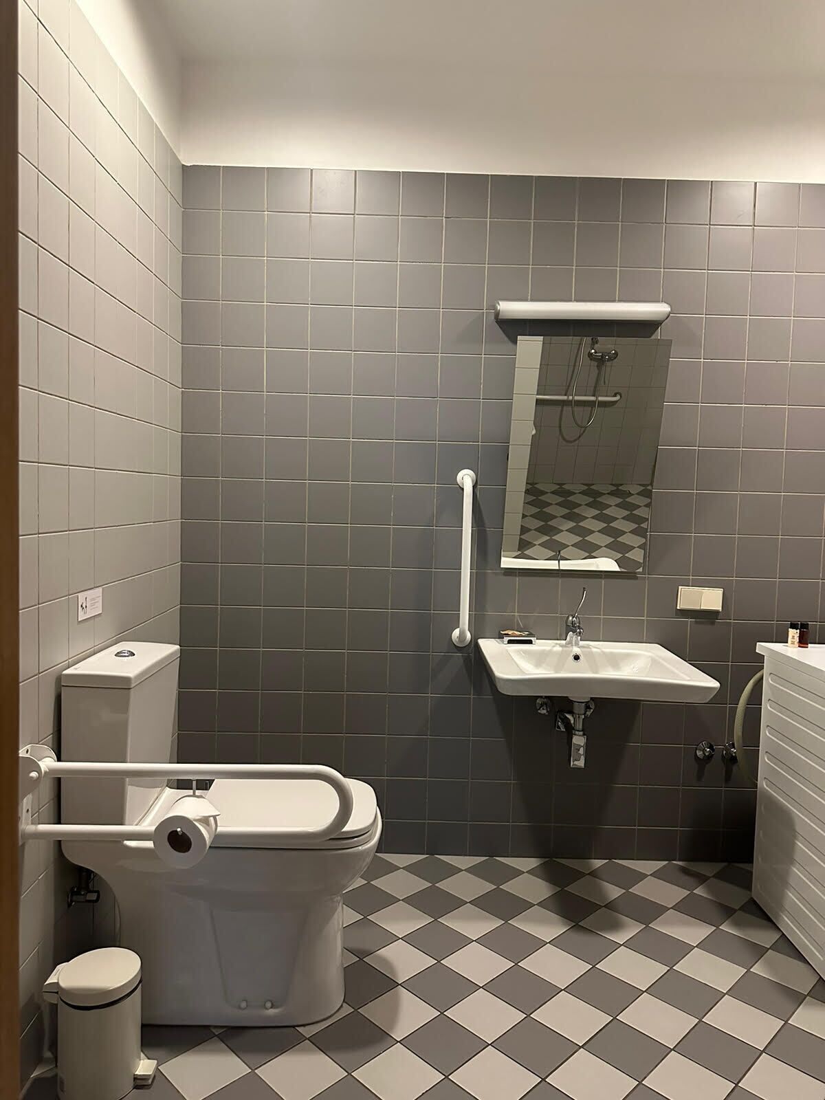A bathroom with a toilet, sink, and mirror.