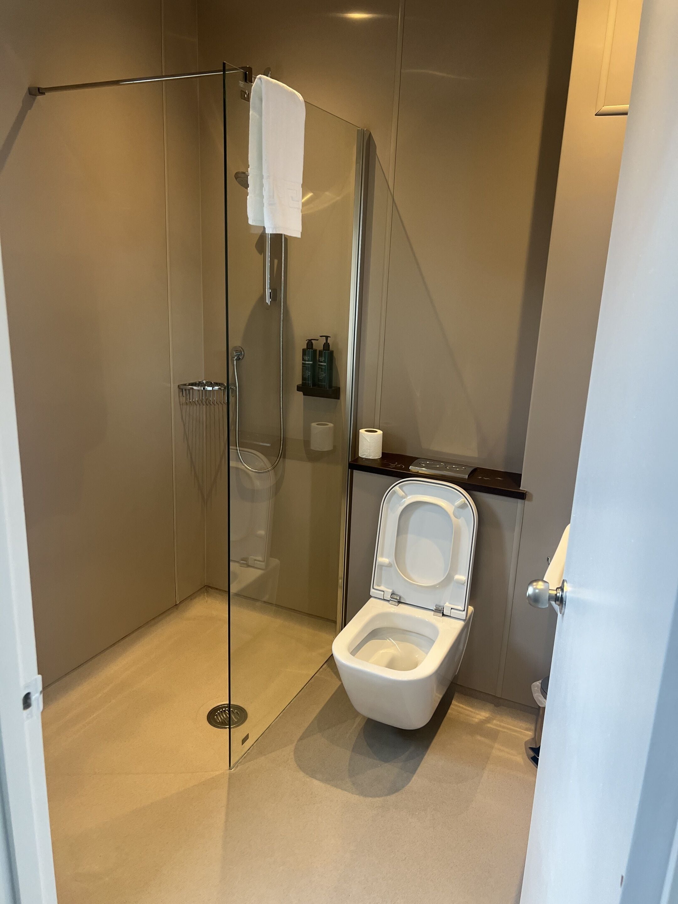 Un baño moderno con ducha de vidrio, inodoro y estante con artículos de aseo.