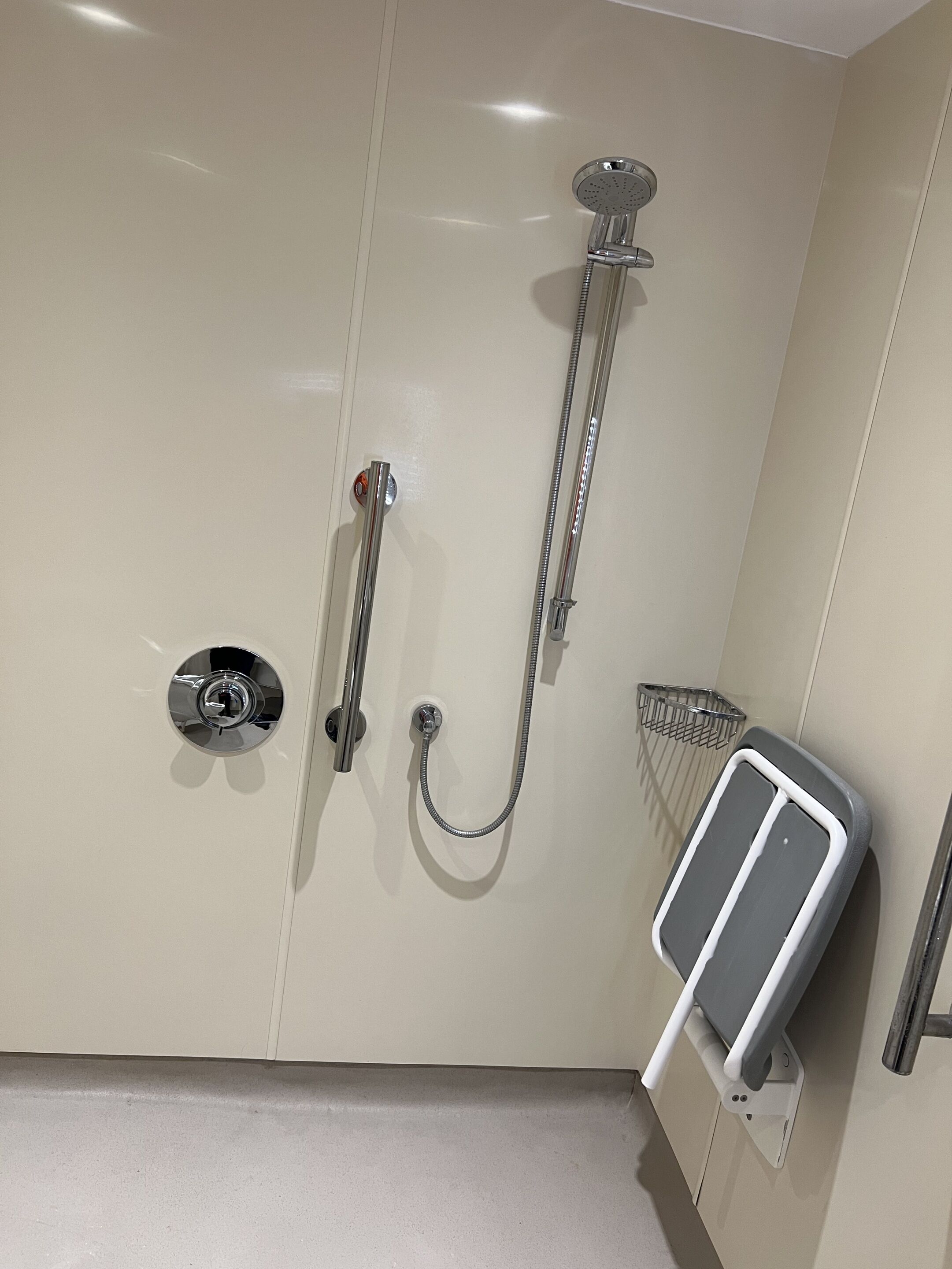 A bathroom with a shower, a toilet, and a bidet.