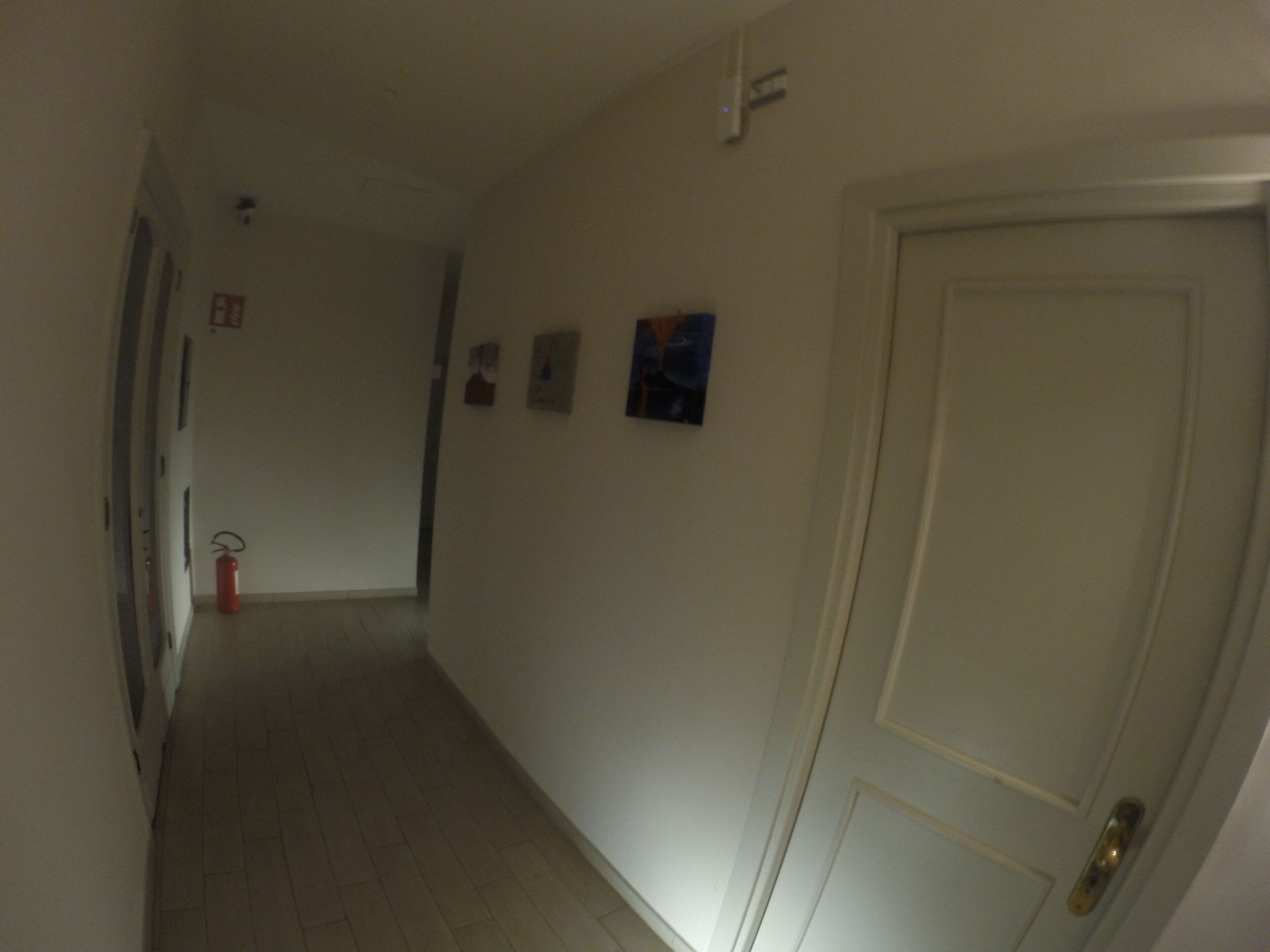 A narrow hallway with a white door at the end, a fire extinguisher on the left, and a few small pictures on the wall.