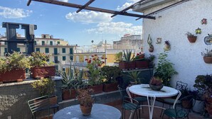 Une terrasse sur le toit agrémentée de plantes en pot, avec une table ronde et des chaises.
