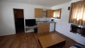 A compact living space with a kitchenette, a television, and a small refrigerator. - Star Motel (Morden)