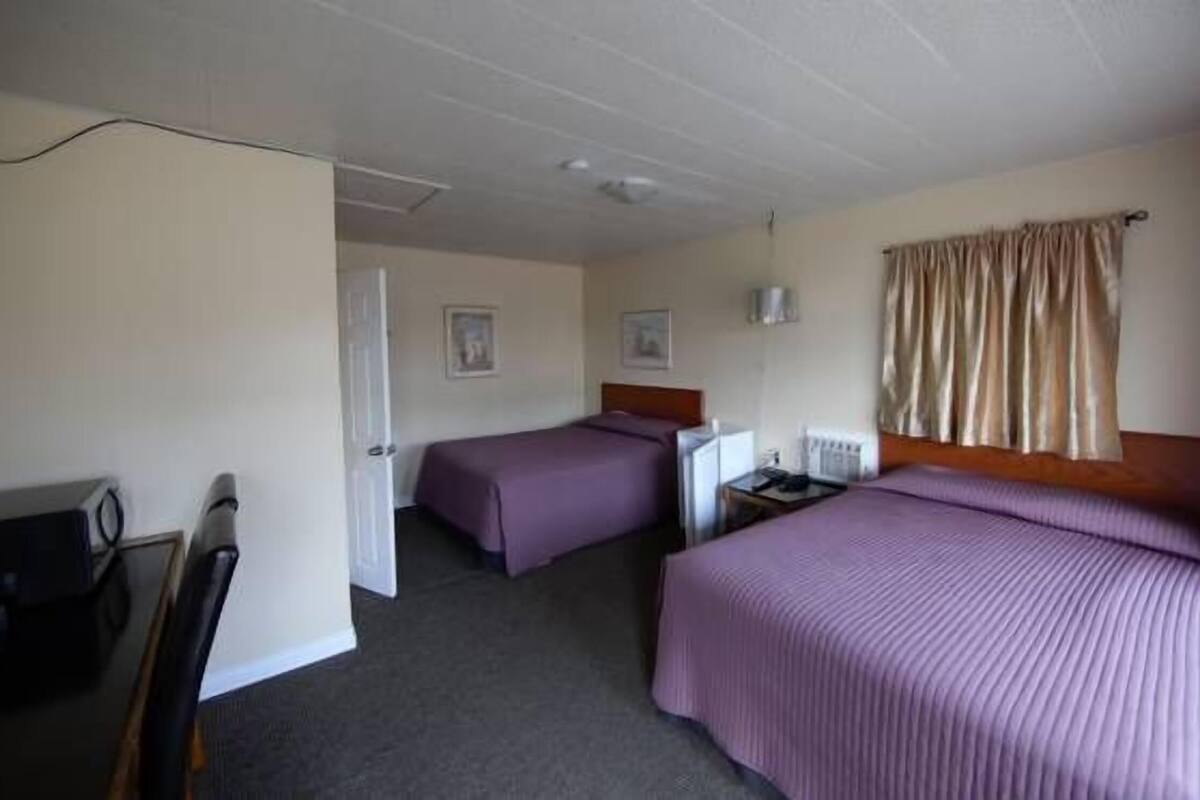 Une chambre d’hôtel avec deux lits, un bureau, une chaise et un radiateur.
