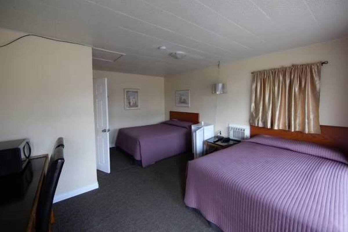 Une chambre d’hôtel avec deux lits, un bureau, une chaise, un radiateur et une porte.