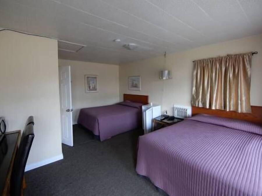A hotel room with two beds, a desk, a chair, a radiator, and a door.