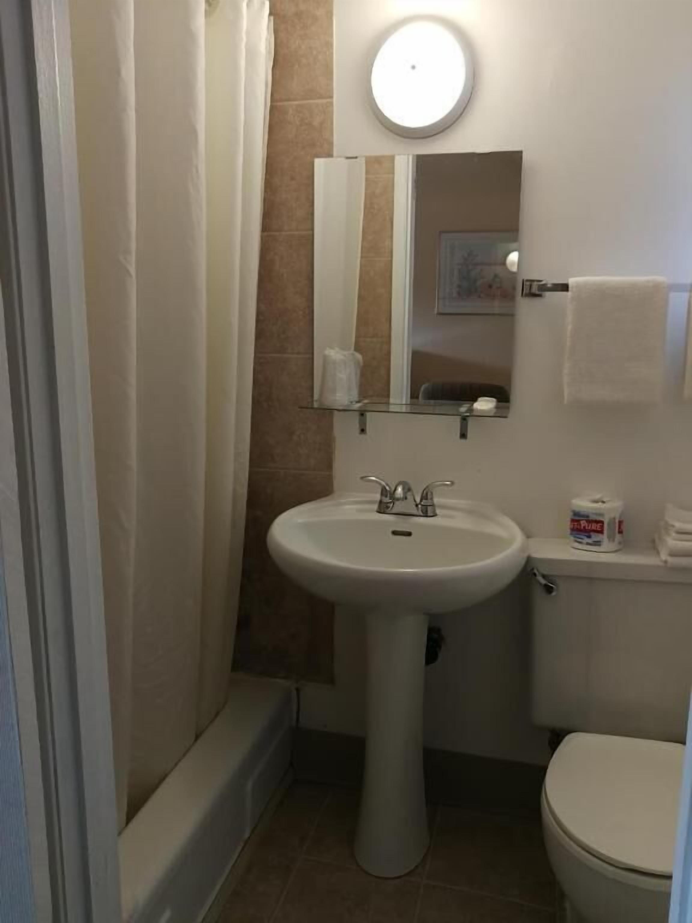 Un bany amb un lavabo amb pedestal, un mirall, un vàter i un penjador de tovalloles.