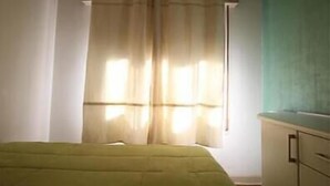 Une pièce comprenant un lit, une fenêtre avec des rideaux légers et un coin cuisine.