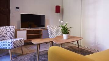 Un salon moderne avec un téléviseur à écran plat, des canapés à motifs, une petite table en bois et une plante en pot.