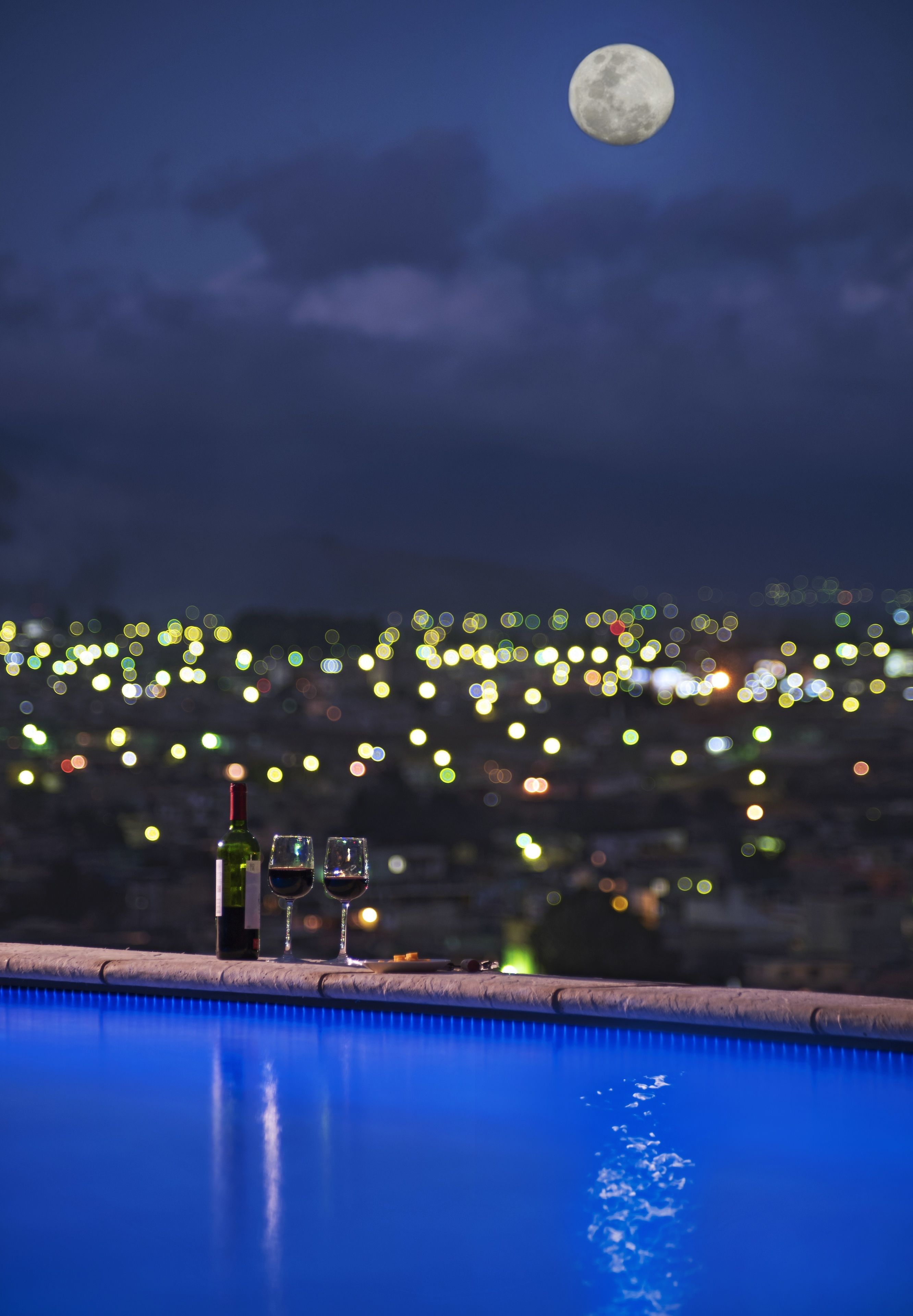 outdoor pool, pool umbrellas, pool loungers