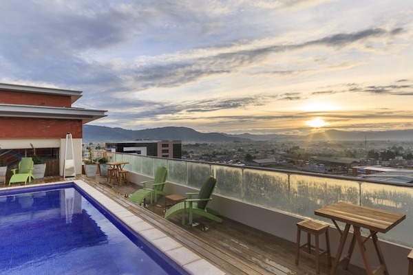 Outdoor pool, pool umbrellas, pool loungers