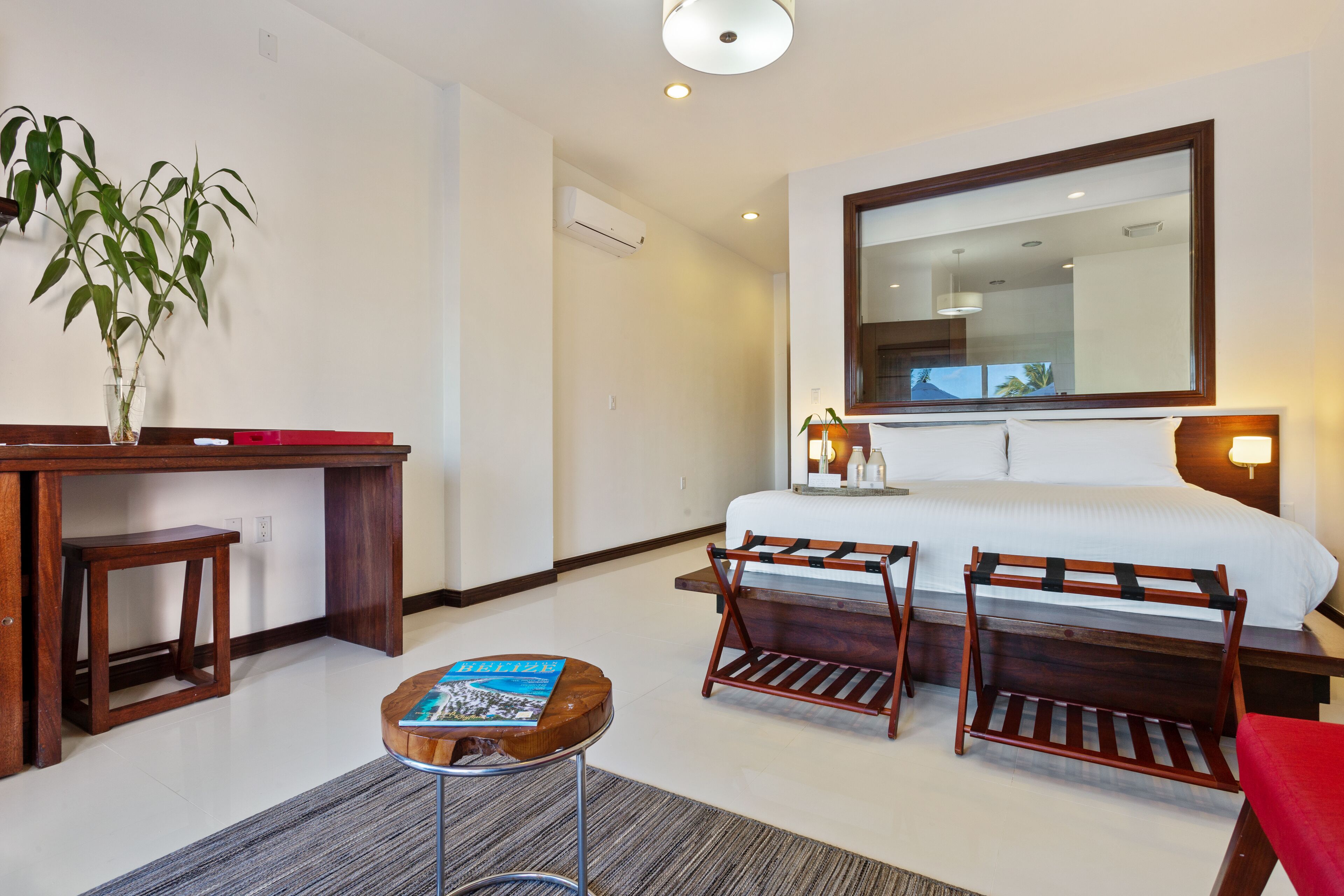 A hotel room with a bed, a desk, a chair, a small table, and a potted plant.